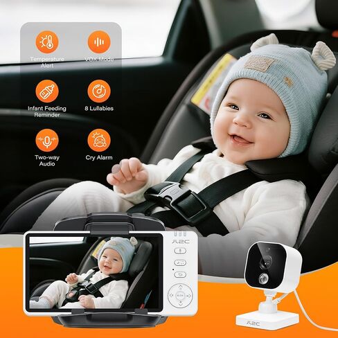 A2C Wireless Baby Car Camera, USB Powered Baby Monitor for Car Backseat & Home, 5" HD 1080P Auto/Manual Night Vision Screen with 7-Hour Battery, Rear Facing Carseat Monitor, for Travel & Home Safety in Saudi Arabia