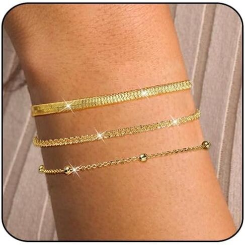 أساور ذهبية مطرزة للنساء، أساور ذهبية قابلة للتكديس للنساء غير مشوهة، سوار من الخرز المطلي بالذهب الحقيقي عيار 14 قيراط مقاوم للماء مع أساور حروف in Kuwait