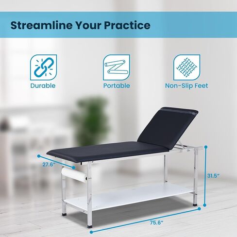 طاولة فحص المريض AdirMed VivaComfort مع رف، ظهر قابل للتعديل، وأرجل قابلة للطي، طاولة الفحص الطبي باللون الأسود in Kuwait