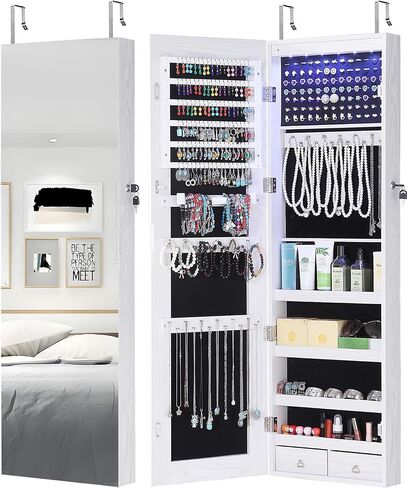 GISSAR الطول الكامل خزانة المجوهرات مرآة ، 6 LEDS المجوهرات الجدار ARMOIRE مثبتة على الباب معلقة ، تخزين منظم المجوهرات مع الأضواء قفل ، سطح أبيض مع بطانة بيج ، 14.6 "× 47.2" in Kuwait