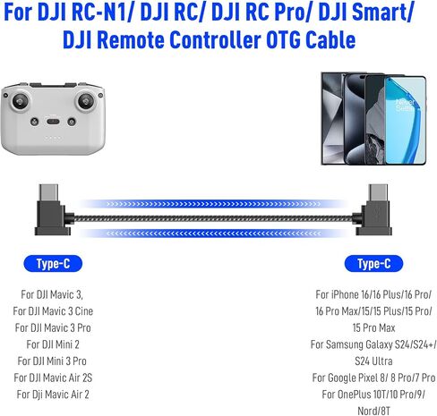USB C to USB C Remote Controller Cable for DJI Mavic 3 Mini 2 Mini 3 Pro Air 2S Mavic Air 2 DJI RC-N1 RC Pro to Phone for iPhone 15 Pro Plus Galaxy S24 Type-C Cable OTG Data Cord (USB-C Connector) 1FT in Saudi Arabia