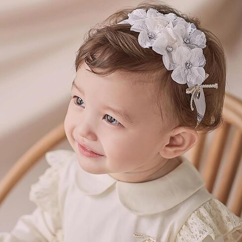 Baby Girl Lace Headbands with BowKnot Flowers Christening Baptism Headband Elastic Floral Hairbands Soft Lace Hair Accessory Newborn Infant Toddler for Birthday Party (BowKnot Flowers, One Size) in Saudi Arabia