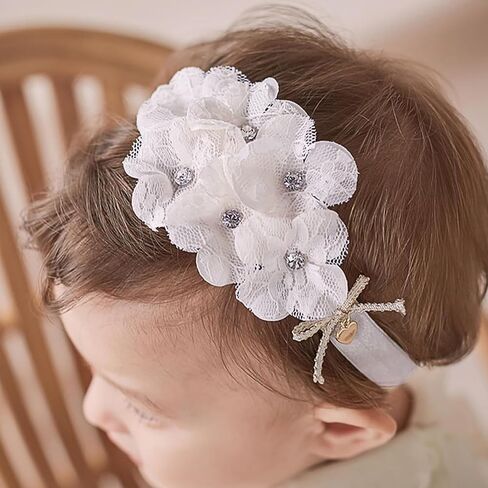 Baby Girl Lace Headbands with BowKnot Flowers Christening Baptism Headband Elastic Floral Hairbands Soft Lace Hair Accessory Newborn Infant Toddler for Birthday Party (BowKnot Flowers, One Size) in Saudi Arabia