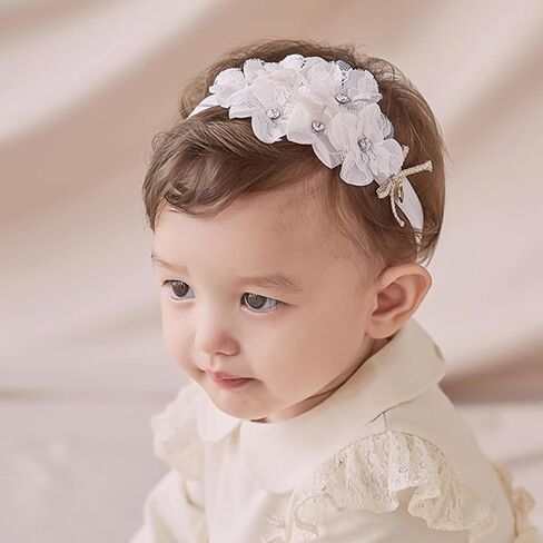 Baby Girl Lace Headbands with BowKnot Flowers Christening Baptism Headband Elastic Floral Hairbands Soft Lace Hair Accessory Newborn Infant Toddler for Birthday Party (BowKnot Flowers, One Size) in Saudi Arabia