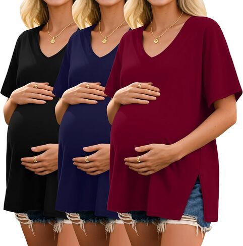 Ficerd 3 Pack Maternity Shirts Cotton V Neck Mama Tee Dolman Sleeve Side Split Pregnancy Clothes Summer Oversized Tops(Wine Red, Navy Blue, Black,M) in Saudi Arabia