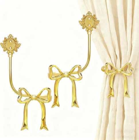 Elegant Handmade Brass Curtain Holdbacks, Gold Bow Tiebacks for Drapes - Vintage Ribbon Style Decorative Wall Hooks, Heavy Duty Drapery Hooks for Living Room & Bedroom in Saudi Arabia