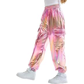 Rolanko Girls Shiny Metallic Cargo Pants, Sparkle Jogger Pants for Girls Hip Hop Dance Streetwear Cargo Trousers 6-15 Years in Saudi Arabia