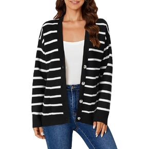 Vrtige Women's Casual Striped Button Open Front V Neck Long Sleeve Knit Lightweight Cardigan Sweater in Saudi Arabia