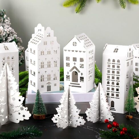Amyhill Multicolor Paper Village Set - 36 PCS DIY House and Trees Mini Cardboard Crafts Table Table Concerpiece for Mantel ، Window Home Decor in Kuwait