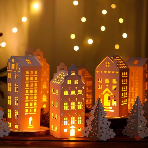 Amyhill Multicolor Paper Village Set - 36 PCS DIY House and Trees Mini Cardboard Crafts Table Table Concerpiece for Mantel ، Window Home Decor in Kuwait