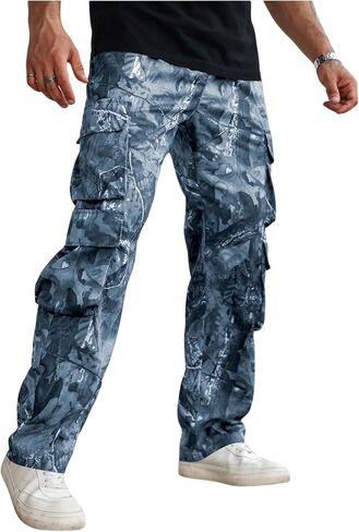 Verdusa Men's Camo Cargo Pants Straight Leg Drawstring Waist Long Trousers with Multi Pockets in Kuwait