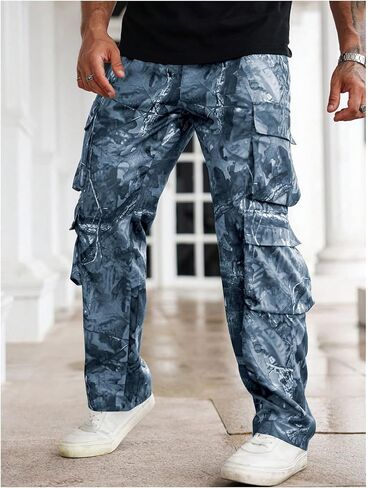 Verdusa Men's Camo Cargo Pants Straight Leg Drawstring Waist Long Trousers with Multi Pockets in Kuwait