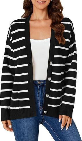 Vrtige Women's Casual Striped Button Open Front V Neck Long Sleeve Knit Lightweight Cardigan Sweater in Kuwait