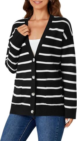Vrtige Women's Casual Striped Button Open Front V Neck Long Sleeve Knit Lightweight Cardigan Sweater in Kuwait