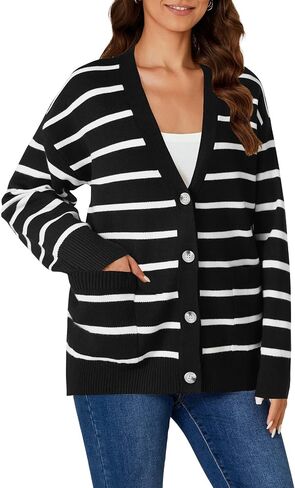 Vrtige Women's Casual Striped Button Open Front V Neck Long Sleeve Knit Lightweight Cardigan Sweater in Kuwait