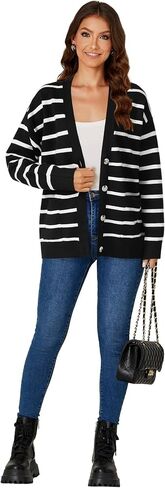 Vrtige Women's Casual Striped Button Open Front V Neck Long Sleeve Knit Lightweight Cardigan Sweater in Kuwait