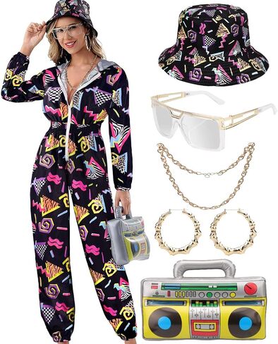Hoodies Jumpsuit 80s 90s Outfits for Women Tracksuit Costume One Piece Windbreaker Hip Hop Neon Party in Saudi Arabia