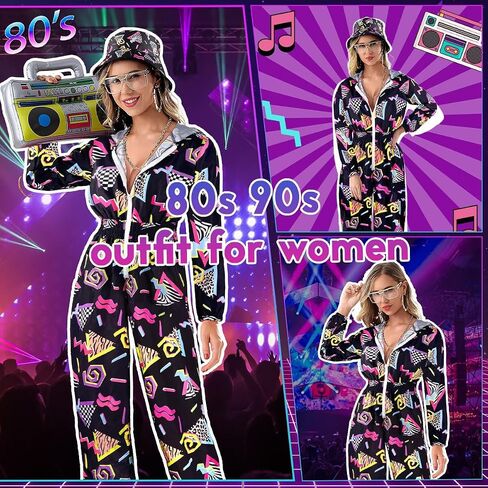 Hoodies Jumpsuit 80s 90s Outfits for Women Tracksuit Costume One Piece Windbreaker Hip Hop Neon Party in Saudi Arabia