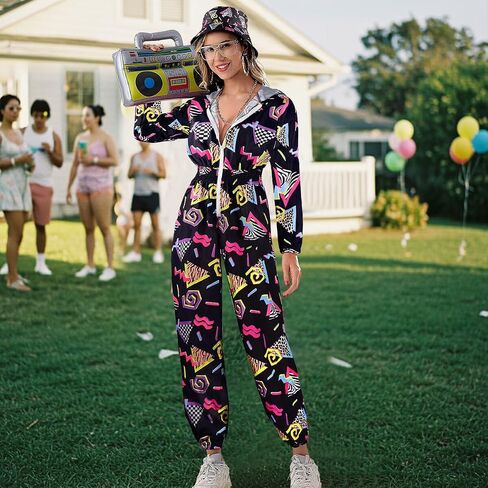Hoodies Jumpsuit 80s 90s Outfits for Women Tracksuit Costume One Piece Windbreaker Hip Hop Neon Party in Saudi Arabia
