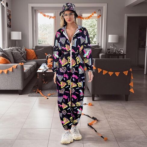 Hoodies Jumpsuit 80s 90s Outfits for Women Tracksuit Costume One Piece Windbreaker Hip Hop Neon Party in Saudi Arabia