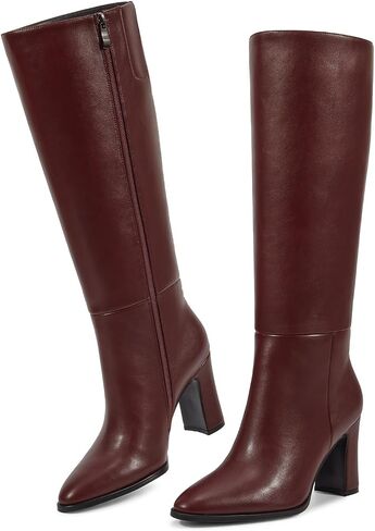 wetkiss Black Boots for Women Knee High Boots Women Chunky Heel Tall Boots Slip On Block Heeled Boots for Women High Heel Pu Leather Boots Size 7.5 in Saudi Arabia