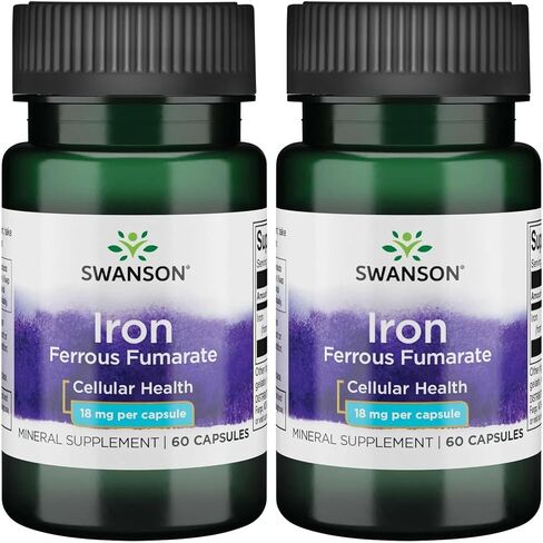 Swanson Iron (Ferrous Fumarate) - المكملات المعدنية التي تعزز دعم الطاقة - تركيبة التركيز العالية تساعد في توصيل الأكسجين وأمضاع الأحماض الدهنية - (60 كبسولة ، 18 ملغ لكل)) in Kuwait