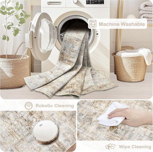 سجاد المنطقة 8x10 غرفة المعيشة: سجادة قابلة للغسل حديثة ملخص كبير سجادة ناعمة غير قسيمة سجادة محايدة مقاومة للبقع مقاومة للبقع الداخلية لغرفة النوم المطبخ المطبخ طاولة الحضانة سجاد مكتب منزلي (بيج ، 8'x10 ') in Kuwait