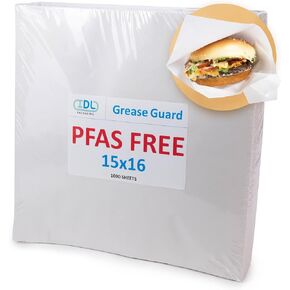 IDL Packaging 15" x 16" PFAS-Free Grease-Proof Paper Sheets, Pack of 1000, Natural Kraft - Microwave Safe Food Tray Liners - Grease-Absorbing Wrapping for Sandwiches, Cheeses, Hamburgers, etc.