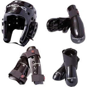 Macho Dyna 7 Piece Sparring Gear Set with shin Guards Black Adult Large