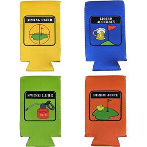 Foretra – Neoprene Can Cooler Sleeve Set for 16 oz “Tallboy" Cans | Golfer Theme | Birdie Juice ' Aiming Fluid ' Liquid Accuracy ' Swing Lube for Any Golfer - 4 Pack (One of Each)
