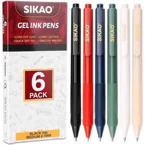 Sikao Gel Pens 6 Pack Premium Gel Pens Black Ink Medium Point (0.7mm) Click Retractable Ballpoint Rollerball Pens Bulk Quick Dry Ink Super Soft Grip Smooth Writing for Journaling No Bleed