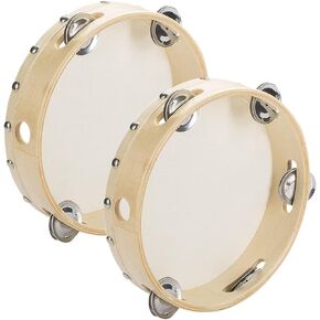Tosnail Pack of 2 Pieces 7" Wooden Tambourine Hand Held Drum Bell, Single Row 5 Pairs Metal Jingles Percussion Musical Gift Educational Instrument for Kids and Adults