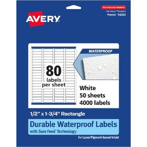 Avery Durable Waterproof Rectangle Labels with Sure Feed, 0.5" x 1.75", 800 Oil and Tear-Resistant Labels, Laser/Pigment-Based Inkjet Printable Labels (36545)