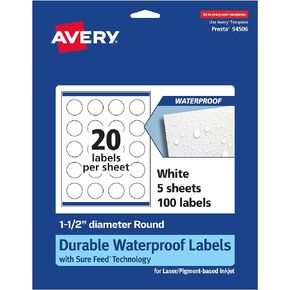 Avery Durable Waterproof Round Labels with Sure Feed, Print to The Edge, 1.5" Diameter, 100 Oil and Tear-Resistant Labels, Laser/Pigment-Based Inkjet Printable Labels (36584)