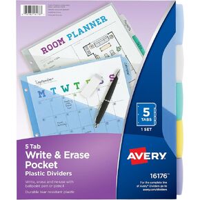 Avery Write & Erase Pocket Plastic Dividers for 3 Ring Binders, 5 Tab Set, Works with Sheet Protectors, Multicolor, 1 Set (16176)