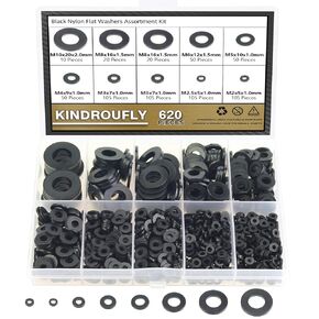 620 Pieces Nylon Flat Washers, Kindroufly 8 Sizes Plastic Washers, Black Nylon Washers Assortment Kit (M2 M2.5 M3 M4 M5 M6 M8 M10)