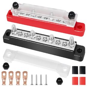 Buddy par exce Bus Bar Terminal Block 4 x 1/4" (M6) Terminal Stud, 6 x #8 (M4) Screw Terminal 12V Power Distribution Block with Cover Marine Bus Bar for Automotive Car Boat Audio Solar System