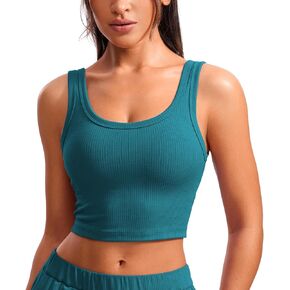 CRZ YOGA Womens Ribbed Longline Sports Bra - U Neck Padded Yoga Bra Workout Crop Tank Top with Built in Bra