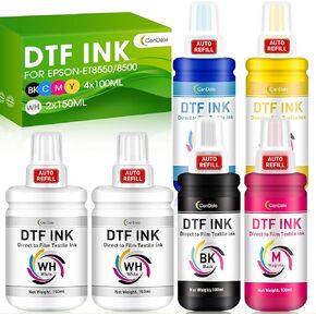 حبر DTF مطور من CenDale - حبر نقل DTF ذو تعبئة تلقائية 700 مل لفيلم DTF، حبر إعادة تعبئة لطابعات Epson ET-8550 ET-8500، مجموعة حبر الطباعة بالنقل الحراري 100 مل × 4 CMYK، 150 × 2 واط في الساعة (مضاد للأشعة فوق البنفسجية/خالية من ICC) )