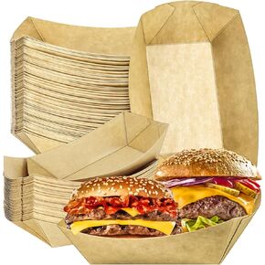 MotBach 200 Pack 2lb Kraft Paper Food Trays Disposable Paper Boats, Heavy-Duty Food Boats, Paper Food Serving Boat Tray Basket for Snacks Popcorns BBQ Sandwich Burgers Hot Dogs Tacos Fries Nachos