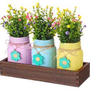 Domensi Table Decoration Set Rustic Wood Tray with Artificial Colorful Flower Greenery Fake Plants Mason Jar Wooden Tag for Spring Living Room Patio Coffee Table Farmhouse Aesthetic Supplies