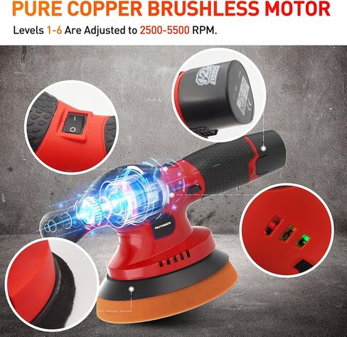 AUTOGEN Cordless Buffer Polisher, 6 Inch Dual Action Polisher with 2 PCS 2.5Ah Lithium Battery, 9MM Random Orbital Polisher with Brushless Motor, Extra 18 PCS Attachments in Kuwait