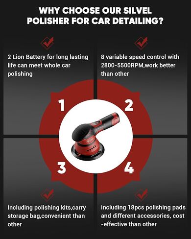 ملمع عازل لاسلكي من SILVEL، بطارية عالية السعة 2000 مللي أمبير في الساعة 12 فولت، مخزن مؤقت قوي مزدوج الحركة مع تحكم متقدم بـ 8 سرعات، ملمع بدون فرش 2800-5500 دورة في الدقيقة للسيارات والقوارب والجدران والأرضيات والأعمال اليدوية in Kuwait