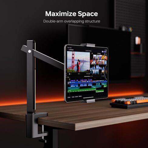 حامل الكمبيوتر اللوحي Xlayout قابل للتعديل، حامل بمشبك للكمبيوتر اللوحي للمكتب - حامل كمبيوتر لوحي قابل للدوران مع قاعدة تثبيت، حامل ذراع للكمبيوتر اللوحي من سبائك الألومنيوم مقاس 5.5-12.9 بوصة، Pad Air Pro Mini، أسود in Kuwait