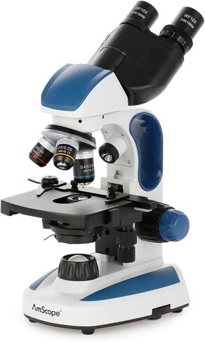 AmScope 40X-1000X ثنائي LED، مريح، مجهر مركب ثنائي العينين مع مرحلة ميكانيكية، تركيز خشن ودقيق، محمول + يعمل بالبطارية - للتعليم المبكر والمبتدئين - B110C in Saudi Arabia