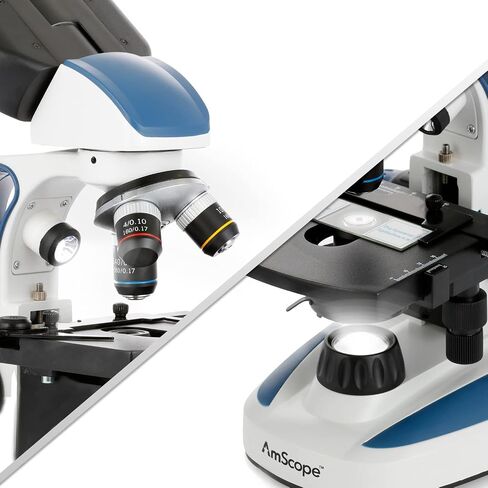 AmScope 40X-1000X ثنائي LED، مريح، مجهر مركب ثنائي العينين مع مرحلة ميكانيكية، تركيز خشن ودقيق، محمول + يعمل بالبطارية - للتعليم المبكر والمبتدئين - B110C in Saudi Arabia