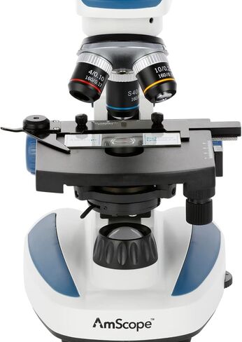 AmScope 40X-1000X ثنائي LED، مريح، مجهر مركب ثنائي العينين مع مرحلة ميكانيكية، تركيز خشن ودقيق، محمول + يعمل بالبطارية - للتعليم المبكر والمبتدئين - B110C in Saudi Arabia
