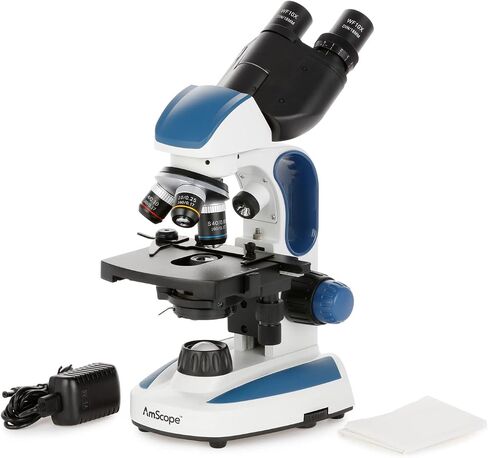 AmScope 40X-1000X ثنائي LED، مريح، مجهر مركب ثنائي العينين مع مرحلة ميكانيكية، تركيز خشن ودقيق، محمول + يعمل بالبطارية - للتعليم المبكر والمبتدئين - B110C in Saudi Arabia