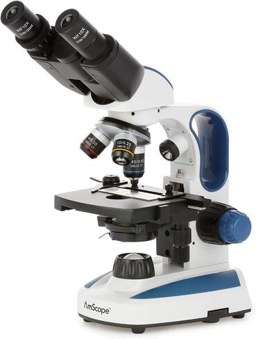 AmScope 40X-1000X ثنائي LED، مريح، مجهر مركب ثنائي العينين مع مرحلة ميكانيكية، تركيز خشن ودقيق، محمول + يعمل بالبطارية - للتعليم المبكر والمبتدئين - B110C in Saudi Arabia
