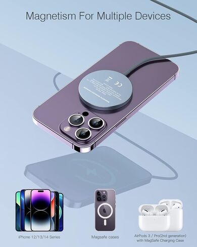 شاحن لاسلكي مغناطيسي iXular بقدرة 15 وات متوافق مع شاحن Mag-Safe لهاتف iPhone 15 14 Pro Max Plus/13 Pro Max Mini/12، وسادة شحن لاسلكية مغناطيسية لأجهزة Airpods 3/2/Pro (فضي، عبوة واحدة) in Kuwait